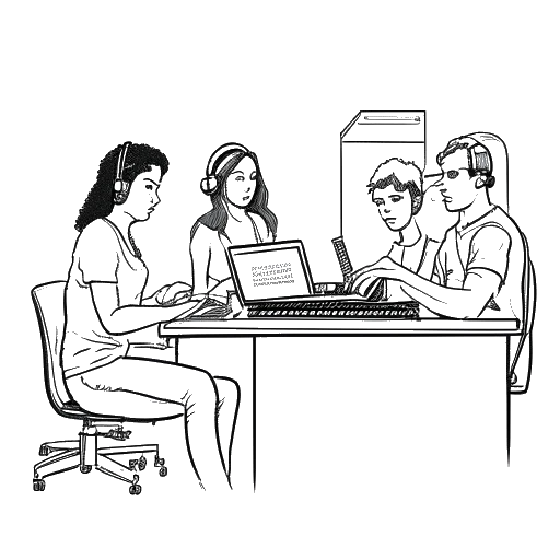 Desenho em arte de linha de uma jovem mulher, representando Ellie Goulding, trabalhando em um estúdio de música com Skrillex, Calvin Harris, Zedd e Active Child.