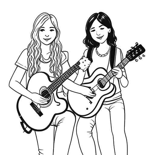 Line art drawing of a young girl holding a clarinet and a teenage girl, representing Ellie Goulding, holding a guitar.