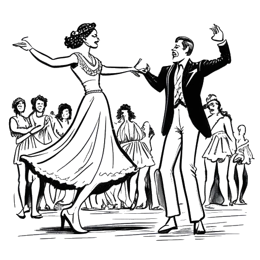 Dibujo de línea de una joven mujer, que representa a Ellie Goulding, actuando en el escenario, con el Príncipe William y Kate Middleton bailando en primer plano.