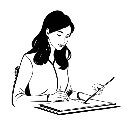 Line art drawing of a young woman, representing Ellie Goulding, signing a contract with a record label executive, representing Polydor Records.