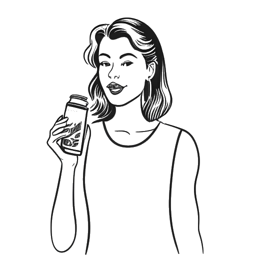 Line art drawing of a woman, representing Ellie Goulding, holding a can of SERVED hard seltzer, with a vegan symbol nearby.