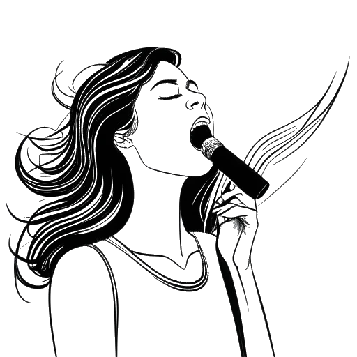 Lijntekening van een vrouw, die Ellie Goulding vertegenwoordigt, die in een microfoon zingt, met meerdere geluidsgolven die haar onderscheidende sopraanstem met hoge doordringende vibrato en ademige toon weergeven.