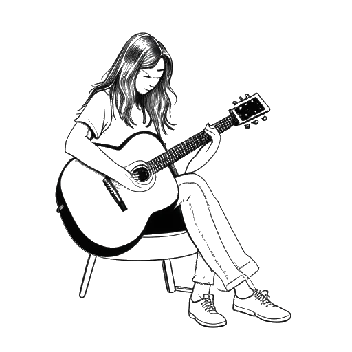 Line art drawing of a teenage girl, representing Ellie Goulding, writing in a notebook with a guitar nearby.