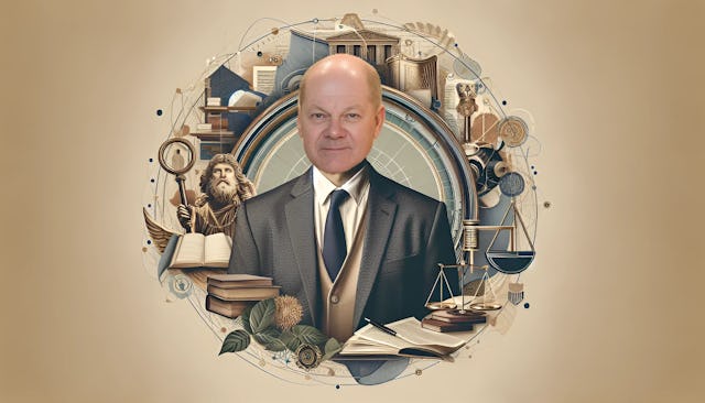 Olaf Scholz, Chancellor of Germany, with fair skin and average body type, looking confidently at the camera in a legal or university setting, dressed in professional attire.