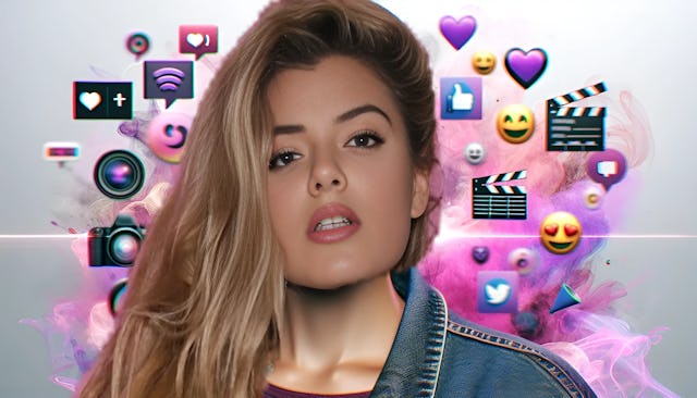 Alissa Violet, a young influencer and model, looking directly at the camera, with digital and film-related icons in a pastel abstract background