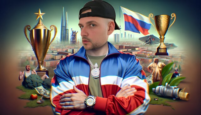 Slavik Junge (Mark Filatov) with a confident expression, dressed in an urban fusion of Russian and German street fashion, the Berlin-Marzahn skyline artistically rendered with comedic touches in the backdrop.