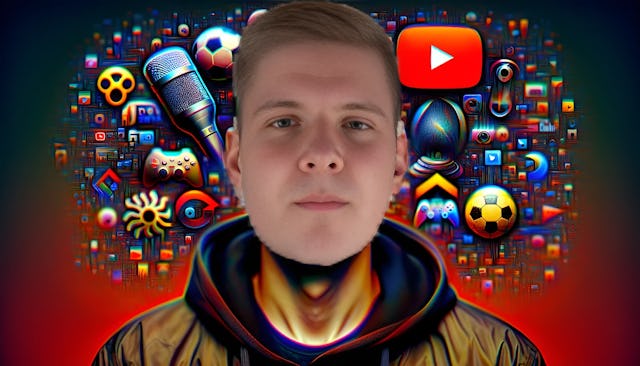 KuchenTV, mid-30s bald male with light skin, donning casual attire, surrounded by YouTube and podcast icons, game controllers, footballs, and German landmarks.