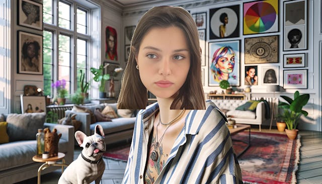 Madeline Argy in her stylish London apartment with fair skin and a bald head, looking into the camera with confident charisma, French Bulldog and rescue rabbits in the background, dressed in casual trendy clothes.