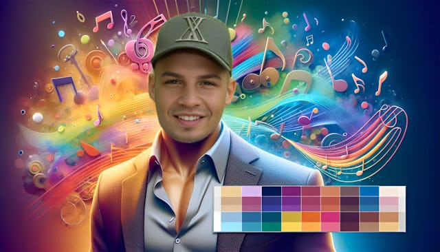 Pietro Lombardi, with a fair complexion and bald head, dressed in smart-casual attire, surrounded by an abstract music-themed background.