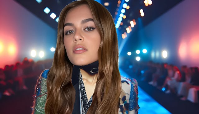 Kaia, a confident and fashionable young woman, looking into the camera on a high-fashion runway. She is wearing a stylish designer outfit and the vibrant lights create a striking visual.