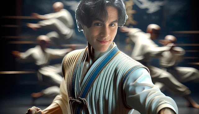 Brandon Lee, a bald male figure with light skin, exudes a martial artist's aura in a captivating image. The background features martial arts elements, and he is dressed in a stylish outfit, with vibrant colors and high-resolution details.