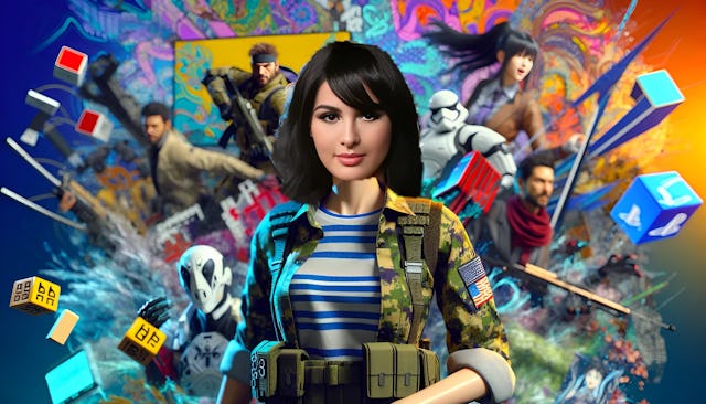 Alia 'Lia' Shelesh in gaming attire looking into the camera with a Metal Gear Solid-inspired backdrop incorporating PlayStation and anime motifs, along with Middle Eastern elements.
