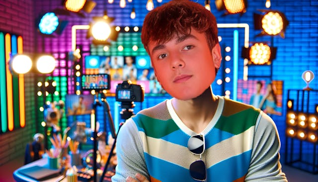 Bryce Hall, a charismatic young male influencer, confidently faces the camera in a vibrant studio setting. He is dressed in trendy attire, surrounded by cameras, microphones, and screens that reflect his social media career. The high-resolution image captures Bryce's energy and style, inviting viewers to engage with his content.