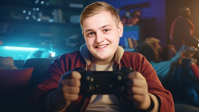 Image of Maximilian Alexander Curt Stemmler, known as Trymacs, sitting in an engaging gaming setup, holding a game controller, with illuminating LEDs in the background, indicative of a passion for gaming.