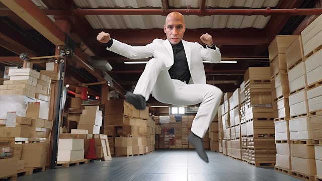 Uwe Schüder (Flying Uwe), striking a flying martial arts pose inside a warehouse