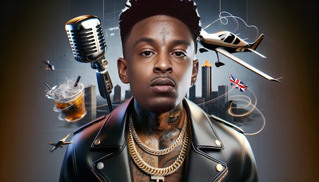 21 Savage, with a forehead tattoo and wearing a gold chain and black leather jacket, in front of an abstract Atlanta skyline with a microphone and Cirrus SR20 aircraft, plus a hint of the Union Jack flag.