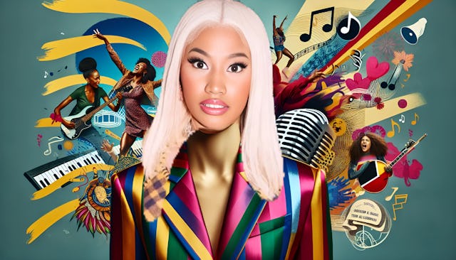 Nicki Minaj, a fierce and confident female artist with fair skin, bald head, and an average body type, looking straight into the camera. The vibrant thumbnail features iconic symbols from her songs or album covers, complemented by a backdrop representing her roots in Saint James, Trinidad and Tobago or her journey to success in Queens, New York. The image showcases her bold fashion sense and captivating stage presence.