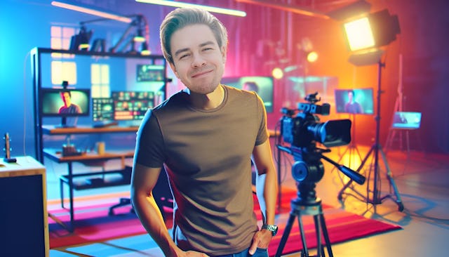 Cody Ko, a mid-30s male with fair skin and an average build, looking directly into the camera with a cheerful expression and a smile. He is dressed casually in a stylish t-shirt and jeans, standing in a vibrant and modern studio with computer and camera equipment in the background.