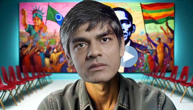 Raj Patel, a social justice activist and author, looking directly at the camera with a confident expression. The background features vibrant colors and imagery symbolizing global inequality and activism. Patel's medium build and medium skin tone add to his relatability and approachability.