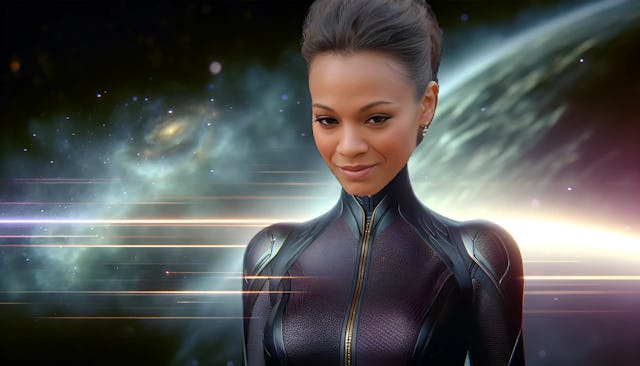 Zoe Saldana, portrayed as a futuristic heroine with a bald head, dressed in a sci-fi outfit against a backdrop of an abstract galaxy and spaceship controls.