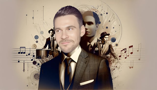 Matthew Koma, elegantly dressed in a suit, showcasing a charming smile, surrounded by musical notes symbolizing his musical talent and industry achievements.