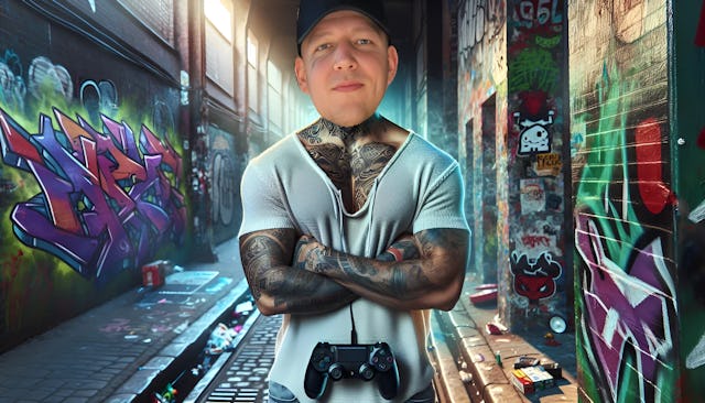 MontanaBlack (Marcel Thomas Andreas Eris), a charismatic streamer with a bald head and tattoos, looking confidently into the camera against a backdrop of vibrant urban graffiti.