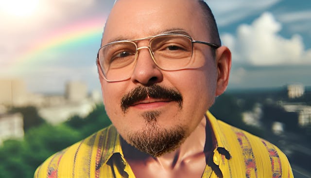 Vokalmatador (Victor Moreno), a middle-aged male with a bald head, fair/medium skin, a beard, and a mustache. He is outdoors, wearing eyeglasses and a yellow shirt with text. The background features a clear sky and a faint rainbow. The image is vibrant and captures his energetic personality.