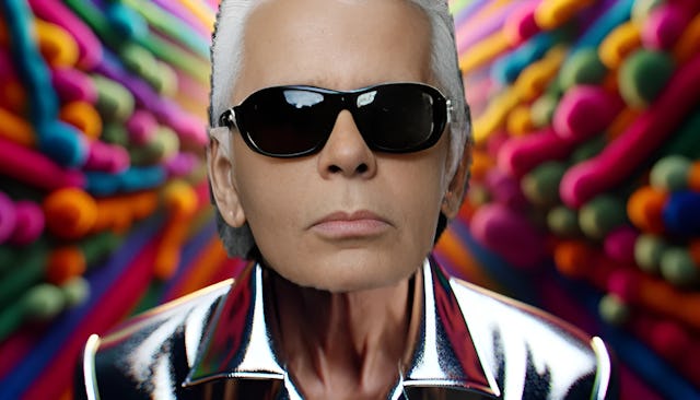 Karl Lagerfeld, the iconic fashion designer, wearing sunglasses and a metallic silver jacket, exuding trendiness. The background is vibrant and bold, capturing his legendary presence and high-fashion aesthetic.