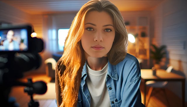 RevedTV (Antonia Staab), a confident female streamer with long hair, seated in a cozy indoor setting. She is wearing casual clothing and looking directly into the camera with a warm smile. The background is illuminated by a natural light source, creating a welcoming and vibrant atmosphere.