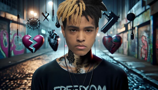XXXTentacion with a bald head and neutral expression, wearing a black 'Freedom' graffiti t-shirt, surrounded by music and personal symbols, with urban graffiti art in the background.