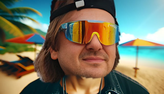 Manny Marc, a musician with an average body type, sitting on a beach and wearing a black cap and colorful sunglasses. He exudes an energetic vibe while looking straight into the camera. The vibrant beach backdrop captures the essence of his party-centric music.