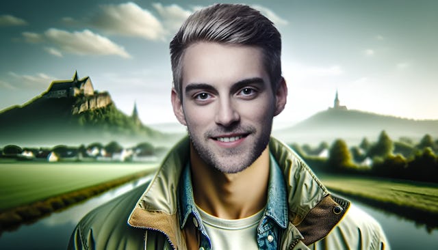 Matthias Roll dressed in casual attire with a travel jacket, representing his multifaceted entertainment career and love of travel against a Hilpoltstein landscape backdrop.