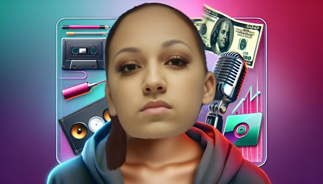 Bhad Bhabie, a charismatic and confident young female rapper, with a bald head, looking directly at the camera. The background is filled with vibrant colors, a mixtape, a microphone, and dollar bills, showcasing her musical success and bold personality.