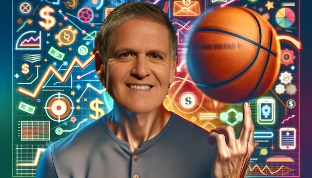 Mark Cuban, a middle-aged male with a bald head, fair skin, spinning a basketball on his finger. The vibrant background highlights his entrepreneurial journey and love for the sport. Casual yet stylish attire complements his confident and playful smile.