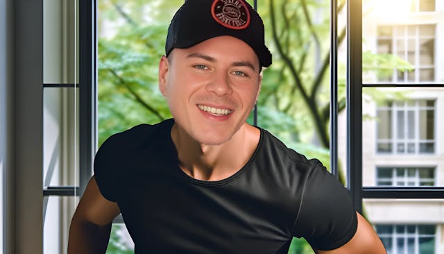 Leon Machère, a mid-20s fair-skinned male with a confident smile, wearing a black cap and black top, standing in front of a window with trees in the background.