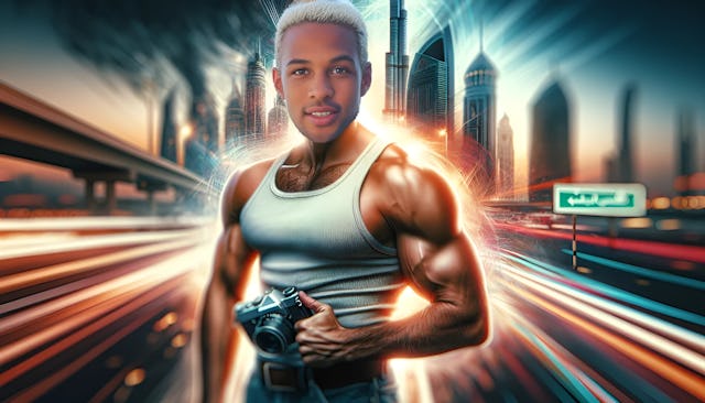 Simon Desue, with a bald head and medium skin, dressed casually in front of the Dubai skyline, symbolizing his content creator journey and current lifestyle.
