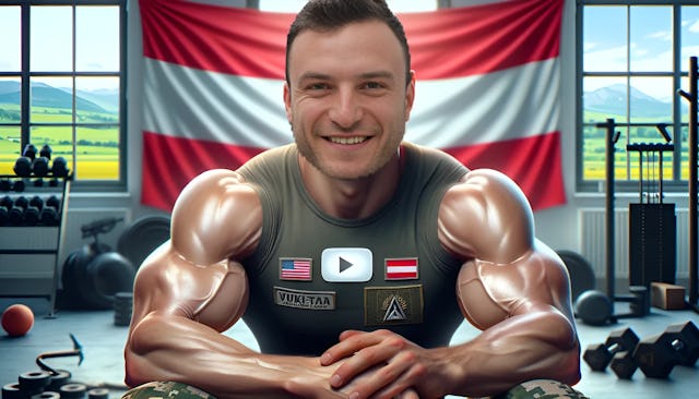 Sascha Huber: A muscular, bald man smiling at the camera, wearing military-inspired athletic gear and standing in his home gym with an Austrian flag in the background and a YouTube silver play button on display.