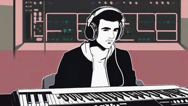 Zedd (Anton Zaslavski), sitting in a recording studio with headphones, passionately looking into the camera with keyboard equipment in the background.
