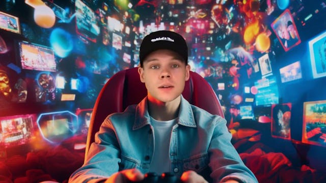Image of Jan-Sascha Hellinger, known online as UnsympathischTV, seated in his gaming setup, with a controller in hand, with bright LED lights in the background showcasing his enthusiasm and passion for gaming. He is directly engaging with the camera, exuding an energetic vibe.