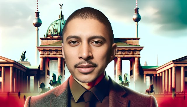 Andreas Bourani, a mid-30s male with a bald head and olive or light brown skin tone, looking confidently into the camera in Berlin, Germany. He is dressed in stylish professional attire, with iconic Berlin landmarks in the background.