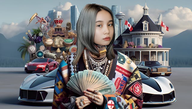Lil Tay posing confidently with money in hand, dressed in a flashy artist's outfit, with a mix of Vancouver luxury and landmark elements.