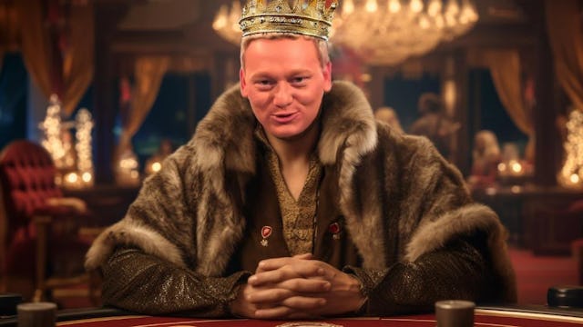 Image of Jens Knossalla (Knossi), sitting at a poker table, dressed in royal attire, including a thik brown fur cloak and wearing a crown.