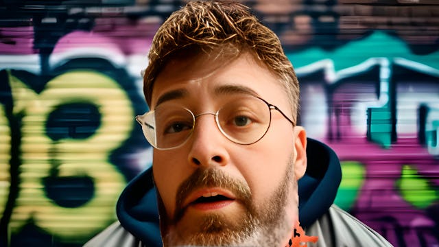 Paul Hartmut Würdig, known as Sido, a successful German rapper, standing confidently in an urban setting with graffiti-filled surroundings in a gritty, urban backdrop.