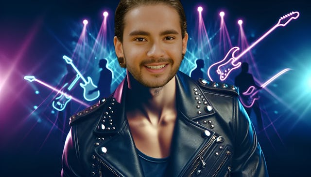Tom Kaulitz, bald-headed and boasting a rockstar image in a black leather jacket, set against a concert-inspired neon-lit background with abstract guitar shapes.