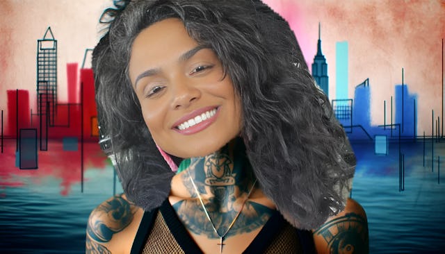 Kehlani, a multi-talented artist with a medium complexion and stunning neck tattoos, looking confidently into the camera. The vibrant background represents her musical journey and artistic expression. Energetic and captivating.
