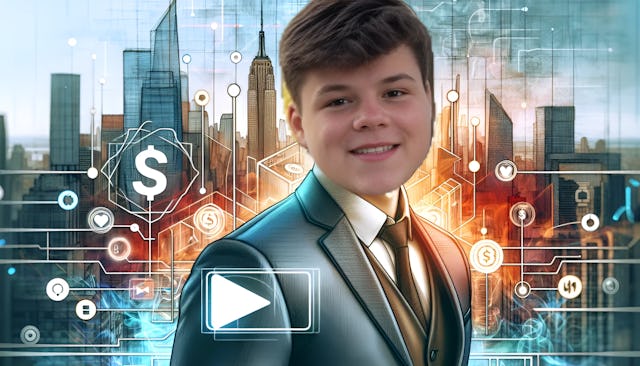 Jack Doherty, appearing as a young entrepreneur with fair skin and a bald head, wearing professional attire with a backdrop of the New York skyline and YouTube-inspired graphics.