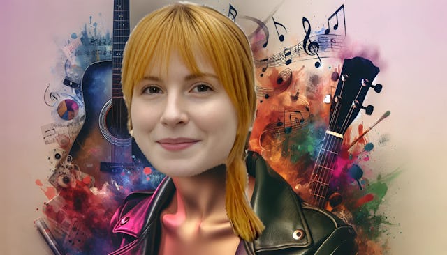 Hayley Williams, a dynamic female musician in a vibrant and creative setting, exuding confidence and resilience amidst musical symbols and edgy rockstar elements.