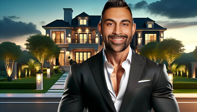 Dhar Mann, a charismatic and successful self-made multimillionaire with a well-groomed beard and a fit, muscular body type. He stands in front of his Calabasas mansion, exuding confidence and approachability. The image is vibrant and high-resolution, capturing the essence of his upscale lifestyle and success.