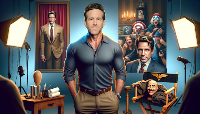 Ryan Reynolds, a middle-aged male with fair skin and a fit build, exuding charm and confidence in a Hollywood-inspired setting, with subtle references to his acting and comedy career.