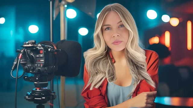 Image of Dagi Bee sitting in front of a camera doing a makeup tutorial